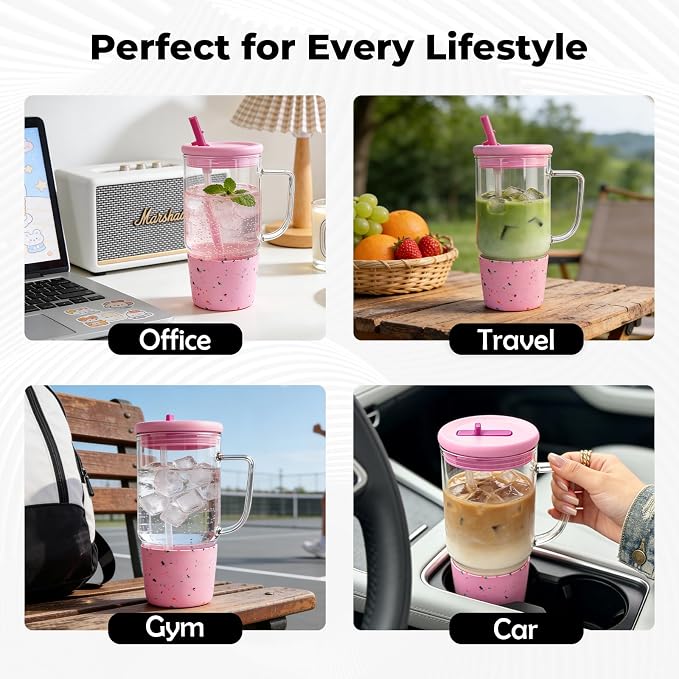 40oz Glass Tumbler with Flip Straw Lid, Handle, Silicone Sleeve, Pink | Leakproof Lid, Fits Car Cup Holder Glass for Iced Coffee, Water, Cold Drinks, Travel, Outdoor, Partys&Home