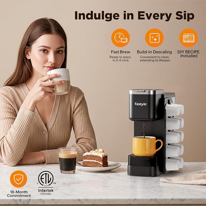 Tastyle Hot & Iced Coffee Maker with Magnetic K-Pod Holder, Fits 7.3'' Mug | Stores 10 Pods, for K Cup & Grounds, Compact for Home, Office & RV, Brew 6-24oz Coffee, 40 oz Removable Tank, K330CH, Black
