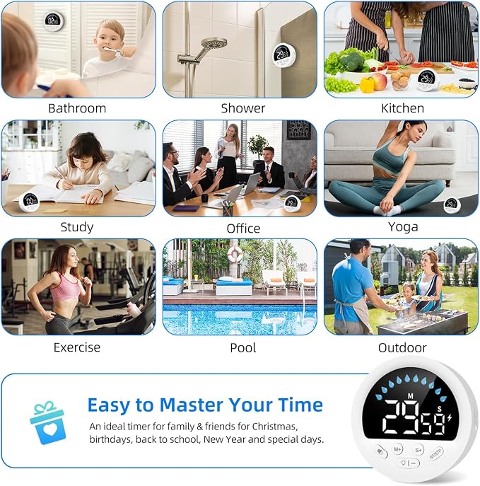 Waterproof Shower Timer for Bathroom Kitchen with Countdown Count-up, White | Large LED Display, 3 Brightness, 4 Volume, Battery Powered, Suction Cup Mounted Digital Stopwatch for Toilet Classroom