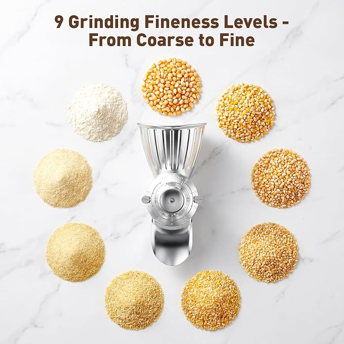 COFUN Grain Mill Attachment for Kitchen Aid Mixer | 9 Adjustable Levels All Metal Flour Mill, Fit for Wheat, Corn, Oats, Buckwheat, Millet, Coffee Beans & Dry Low-Oil Grains