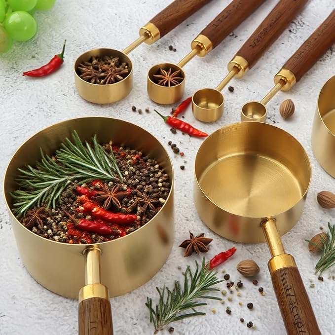 8Pcs Gold Measuring Cups and Spoons Set, Golden Stainless Steel Measuring Cups with Wooden Handle and 4 Measuring Spoons Set for Kitchen Baking Cooking