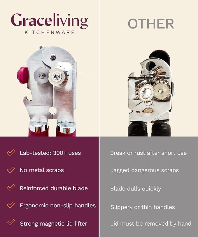 Heavy Duty Manual Can Opener with Magnetic Lid Lifter, Mauve | Premium Stainless Steel Body, Sharp Cutting Blade, Oversized Easy-Turn Knob, Soft-Touch Handle, Bottle Opener, Kitchen Use