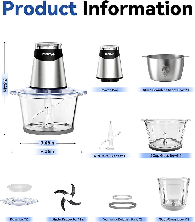 Food Processor Electric Food Chopper with Meat Grinder & Vegetable Chopper - 3 Bowls(8Cup+8Cup+3Cup) with Powerful Copper Motor - Includes 3 Sets of Bi-Level Blades for Fruits/Meat/Nuts