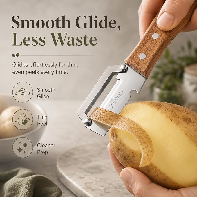 3-in-1 Vegetable Peeler with Bottle Opener, Wooden Handle | Peels, slices, and shreds fruits and vegetables with a stainless steel blade, wooden handle, and built-in bottle opener