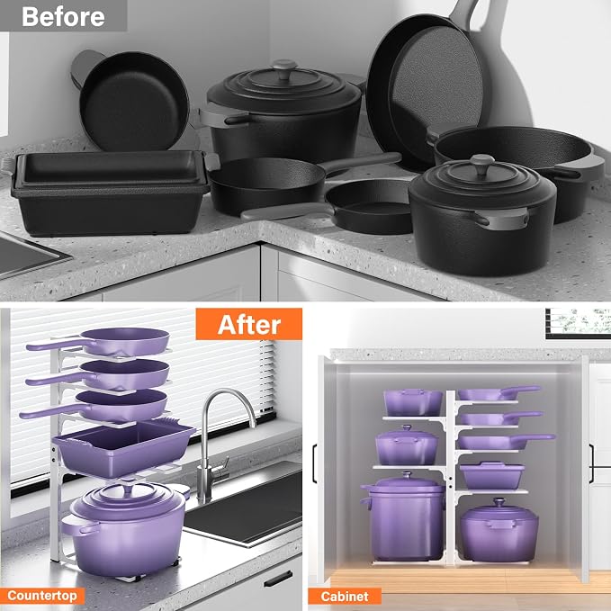 MUDEELA 8-Tier Heavy Duty Pots and Pans Organizer for Cabinet, 20.8"H White | Adjustable heavy-duty pot rack, Holds big stockpots and cookware, Fits under cabinet or on countertops, Easy Assembly