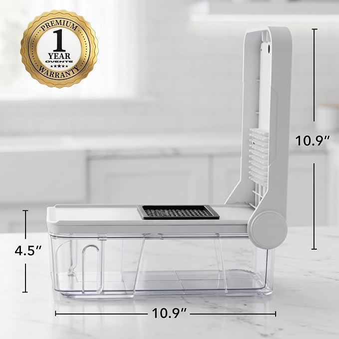 OVENTE 7-in-1 Vegetable Chopper and Mandoline Slicer, White MD71W | With 7 Interchangeable Blades and Safety Gloves, Multifunctional Kitchen Gadget for Fruit, Onion, Potato, Cucumber & More