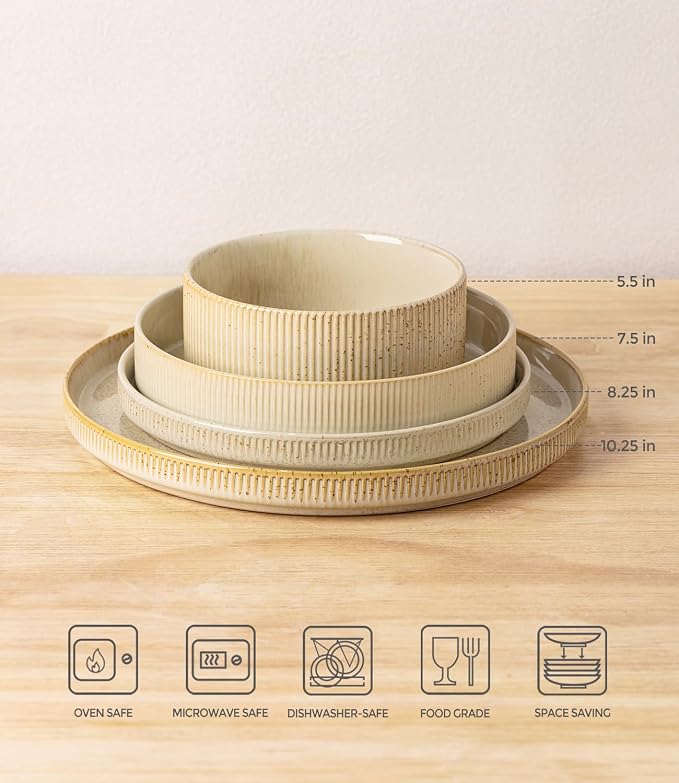 Ceramic Dinnerware Set for 4, 16-Piece Plates and Bowls Set | Lightweight Porcelain Dish Set, Scratch Resistant, Oven & Microwave & Dishwasher Safe, Cappuccino
