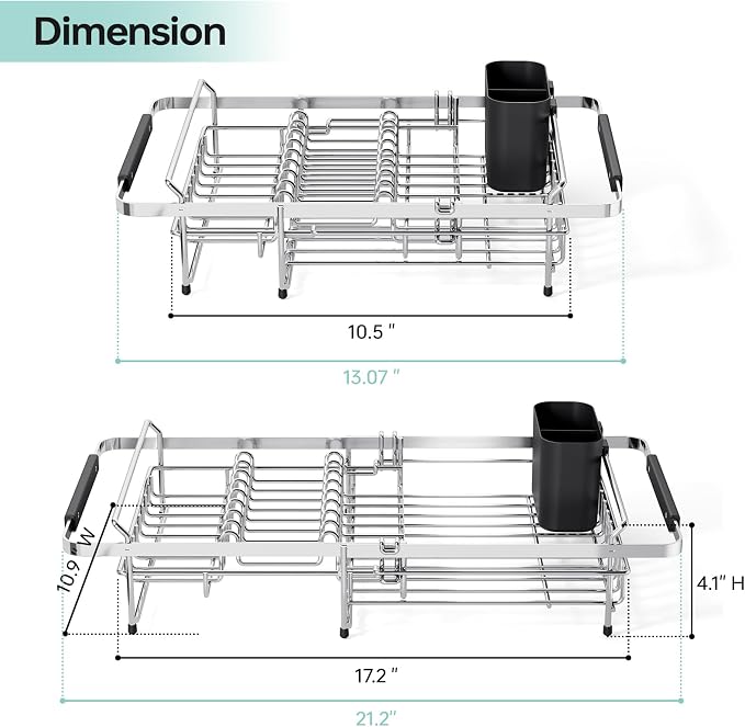 Urackify Expandable in-Sink or Over-Sink Dish Drying Rack, 14.5"-18", Black | 304 Stainless Steel, Fits Most Sinks, Rust-Resistant, Space-Saving, Removable Utensil Holder