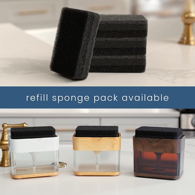 S&T INC. Dish Soap Dispenser and Sponge Holder, Plastic Bamboo and White | Patented Design, Holds 13 Fluid Ounces, Sponge and Waterproof Labels Included, Non-Slip Feet