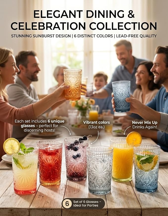 Colored Vintage Drinking Glasses Set of 6, 13 oz Gradient Embossed Highball Glasses, Textured Glass Cups Tumblers for Water, Iced Coffee, Juice & Cocktails, Dishwasher Safe(Dahlia style)