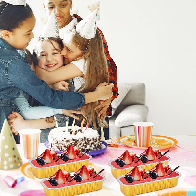 LNYZQUS Mini Loaf Cake Pans with Lids 50 Pack, 6.8oz Foil Baking Tins | Rectangle, Gold, Disposable Aluminum Dessert Cups, Individual Take-out Containers for Bake Sale Treats