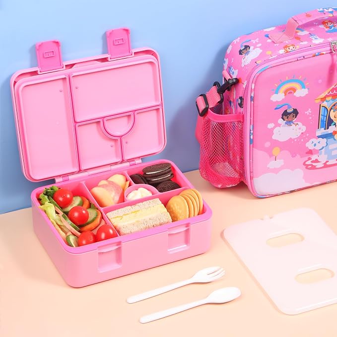 rockpapa Chill Bento Box for Kids with Ice Pack, 5-Compartments, Fairies | Large 5.5 Cups, BPA-Free, Leak Proof, with Utensils & Handle, Microwave/Dishwasher Safe, for School, Picnic, Boys, Girls