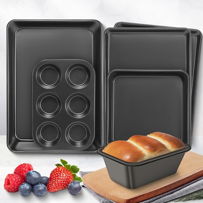 Baking Pans Set, Nonstick Bakeware Sets, Oven Pans for Cooking, AIVIKI 6 Pieces Baking Sheets Set Including Cookie Sheet, Deep Roaster Pan, Square Pan, Loaf Pan, Muffin Pan, Carbon Steel Baking Set