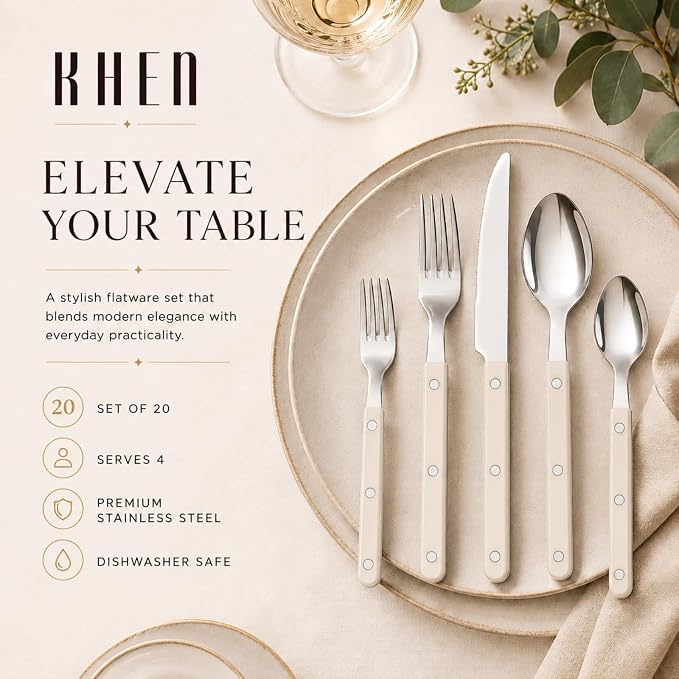 Khen Cutlery Set of 20, 18/8 Stainless Steel Flatware, Modern Silverware for Home, Kitchen, Dining & Table Setting for 4 – Stainless Steel, Dishwasher Safe, Lightweight & Ergonomic Design Gift - Cream