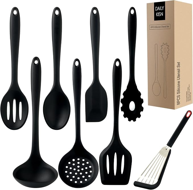 8 PCS Silicone Kitchen Utensils Set, Non Stick Cooking Tools, Black | Spatulas/Turner/Spoons/Soup Ladle/Pasta Server/Skimmer | Heat Resistant | Dishwasher Safe