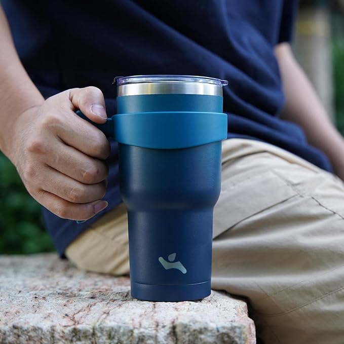 Konokyo 30 oz Tumbler with Handle and Straw, Insulated Travel Mug | Turquoise; BPA-free, leak-proof tumbler with 2 lids, 2 straws, cup holder fit for coffee, office, travel & daily use