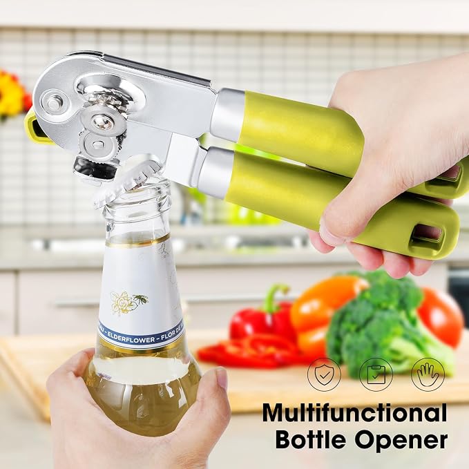 Beneno Heavy Duty Hand Can Opener Manual with Magnet, Lime Green | Razor-Sharp Carbon Steel Blade, Precise Smooth Cutting Gear, Big Effort-Saving Knob, Soft Grip Handle, Built-in Bottle Opener