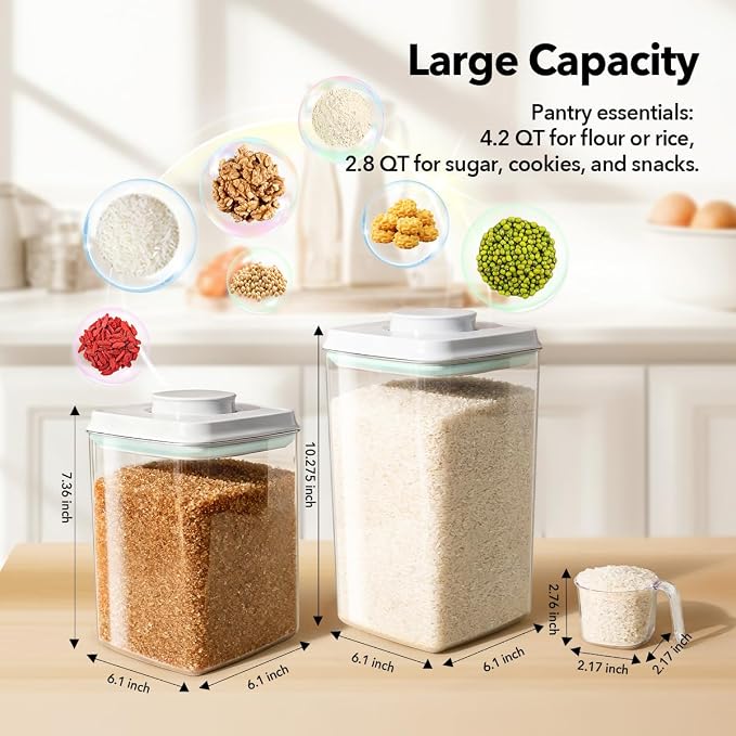 Food Storage Container Sets, 2.8 Qt + 4.2 Qt Airtight Canisters with Lids and 130ml Scoop, BPA-Free Plastic Pantry Containers for Flour, Sugar, Rice