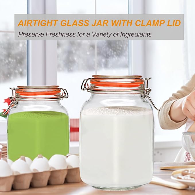 50 oz Glass Jars with Airtight Clamp Lids, 4 Pack | Square Pickling Jars, Heavy-Duty Glass Storage Containers for Food Storage, Kitchen, Pantry, Sugar, Flour, Cereal
