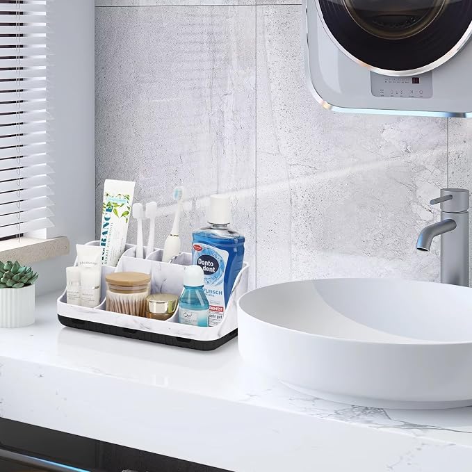 GFWARE Marble Bathroom Countertop Organizer - Detachable 7 Slots Kids Electric Toothbrush and Toothpaste Holde Drainage for Bathroom Accessories Organization Counter Vanity Storage, Black | Detachable 7 Slots Kid Electric Toothbrush and Toothpaste Hold...
