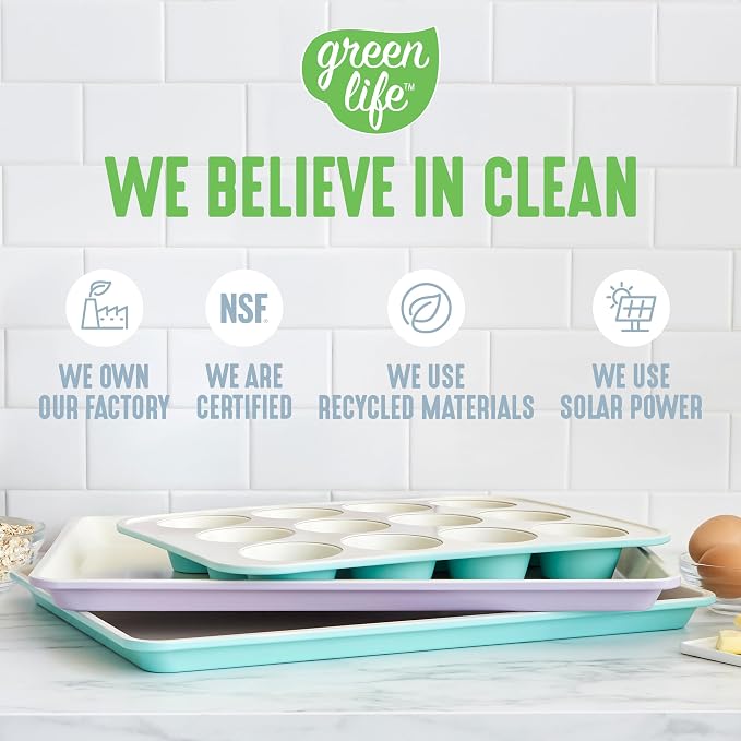 GreenLife 12 Cup Ceramic Nonstick Muffin Pan, Blue Haze | 11.4" x 1.9" x 15.9", PFAS-Free Nonstick, Cupcake Tin, Easy Release, Even Heating, Wipe Clean, Heavy Duty, Warp Resistant