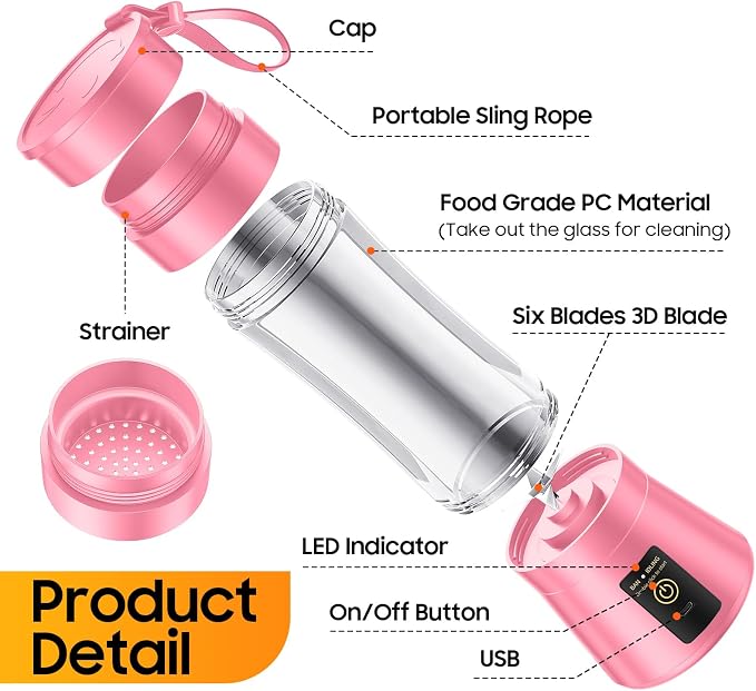 Portable Blender Personal Size Blender Make Smoothies, 12oz Mini Travel Cup | BPA-Free Small Blender with High Blending Speed, 6 Steel Blades, Easy Clean, Freshly Squeezed in Sports/Office/Gym