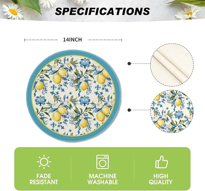 Artoid Mode Blue Lemon Iris Round Summer Placemats Set of 4, 14 Inch Spring Round Table Mats for Dining Decoration