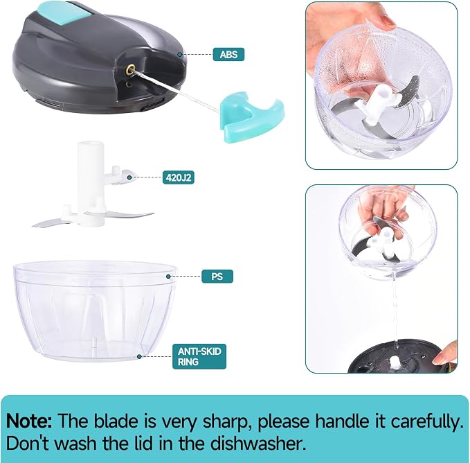 Manual Food Processor Vegetable Chopper, Portable Hand Pull String Garlic Mincer Onion Cutter for Veggies, Ginger, Fruits, Nuts, Herbs, etc., 500ml,(Gray-blue)