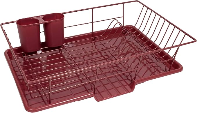 Sweet Home Collection 3 Piece Metal Dish Drainer Rack Set with Drying Board and Utensil Holder, 12" x 19" x 5", Burgundy