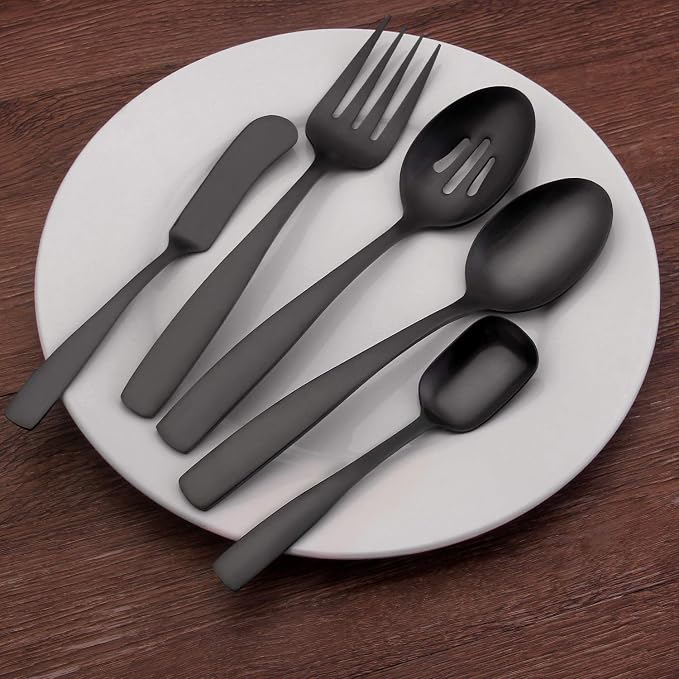 O.C.E. 5-Piece Matte Black Serving Flatware Silverware Set, Utensil Set of Stainless Steel, Satin Finish, Hostess Tableware Serving Set, Dishwasher Safe