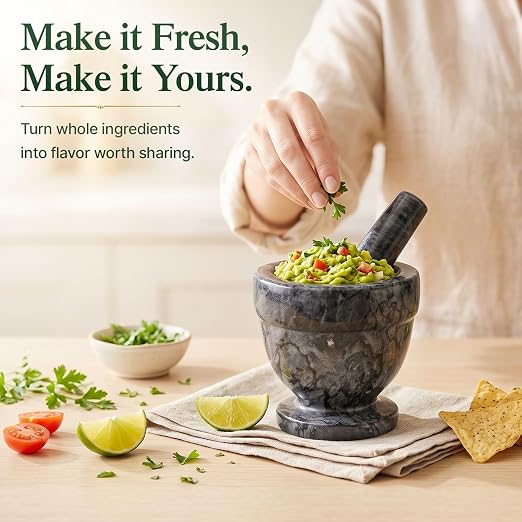 Flexzion Mortar and Pestle Set, Black - Solid 4 inch Heavy Granite Molcajete Stone Grinder Crusher Bowl for Guacamole, Herbs, Spices, Garlic, Medicine Pills, Grain, Kitchen, Cooking | Heavy Marble Molcajete Bowl with Coarse Interior for Grinding Herbs,...