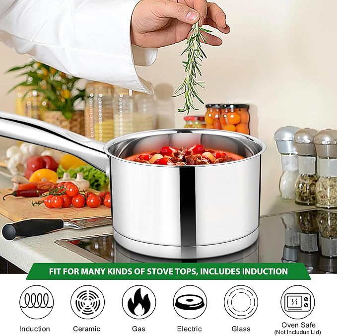 TeamFar 2 qt Saucepan, Stainless Steel Small Sauce Milk Pan with Lid | with Tri-ply Bottom for Cooking/Boiling/Stewing, For Induction/Gas/Electric, Non-Toxic & Heavy Duty, Dishwasher Safe