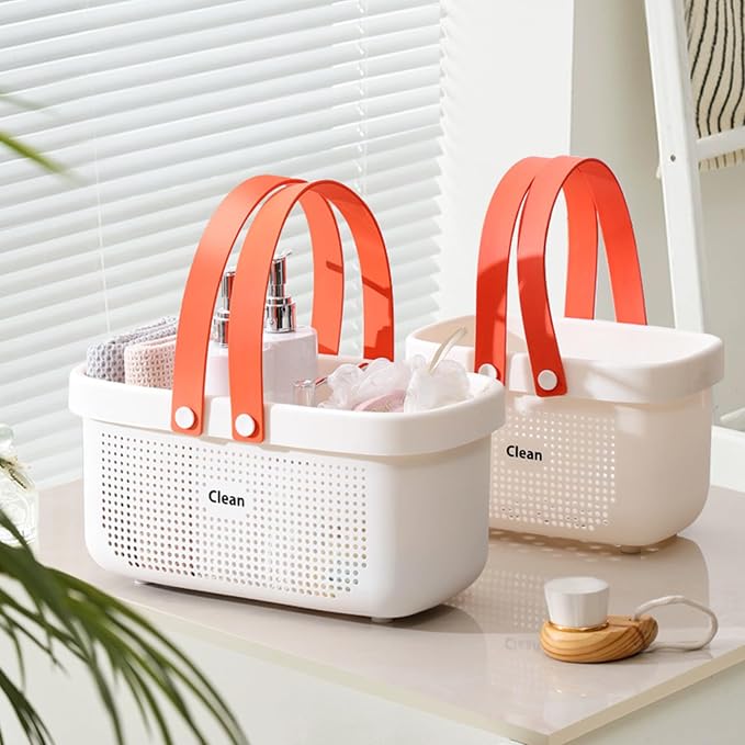 JiatuA Plastic Storage Basket with Handle Portable Shower Caddy Tote Organizer Basket Bin for Bathroom Kitchen Dorm Room Bedroom, White | Sturdy Drainage Large Capacity Organizer Basket with Silicone Handles for Bathroom Kitchen Bedroom College Dorm Es...
