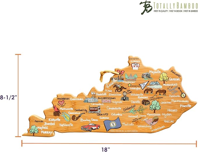 Totally Bamboo Kentucky State Shaped Cutting Board, Art by Fish Kiss | State charcuterie board with colorful hand-drawn map artwork. Smooth reverse side for food prep. Hang tie for wall display.