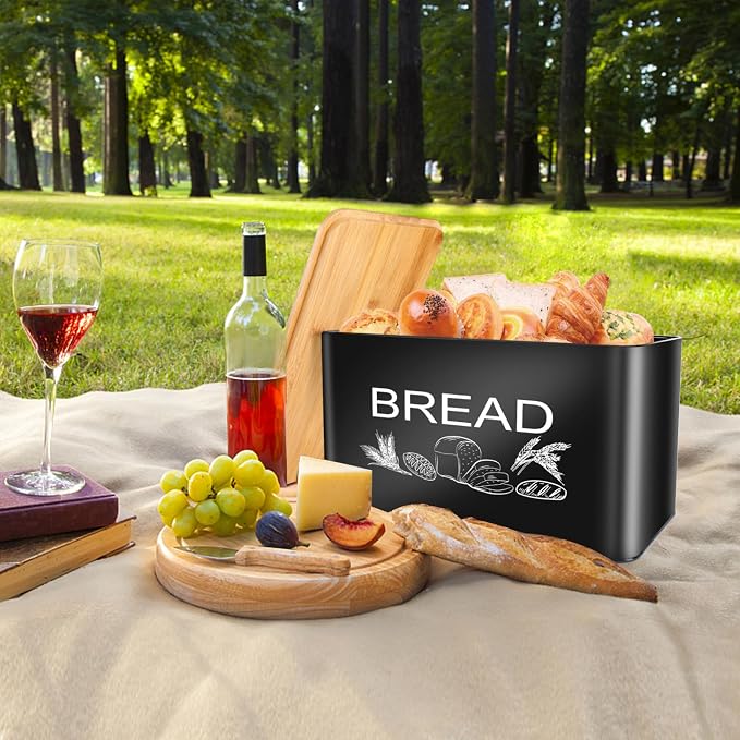 JIGUOOR Black Bread Box, Extra Large Space Saving Vertical Metal Bread Box | with Wooden Cutting Board Lid, Holds 3 Loaves, Farmhouse Kitchen Bread Storage, Kitchen Parts Box 12.99" x 7.08" x 7.08"