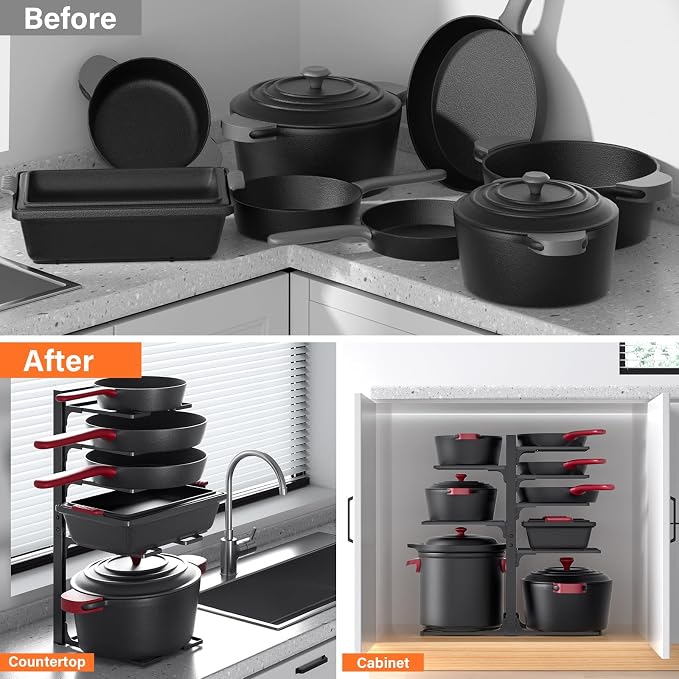 MUDEELA 8-Tier Heavy-duty pan organizers inside cabinet, 20.8" H Black | Adjustable 20.8" Height, Heavy-duty pot rack, Holds big stockpots, cookware & skillets, Fits countertops, Kitchen storage