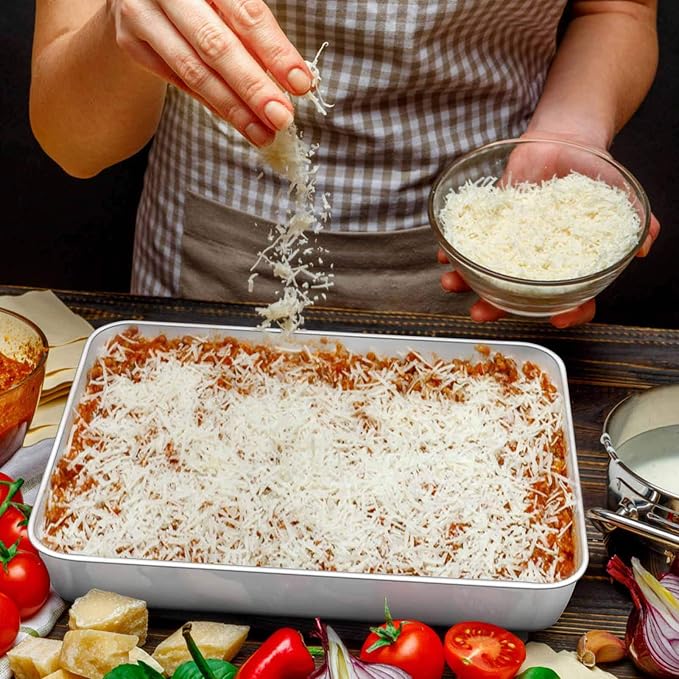 TeamFar Baking Pan with Lid, 12.5"x9.8" Rectangule Cake Pans- 2Pans + 2Lids | Stainless Steel Lasagna Pans with Covers for Cake Brownie Casseroles, Birthday Party Outdoor, Healthy, Oven & Dishwasher Safe
