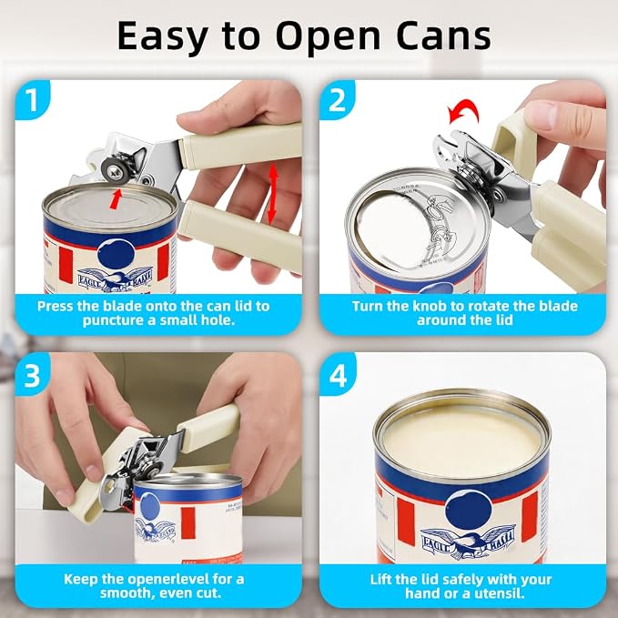 Tin Joy Family™ Manual Can Opener – Sharp Blade with No Sharp Edges, Easy Grip Handle for Arthritis Hands, Smooth Lid Safety Cutter for Elderly & Weak Hands (Banana Cream)