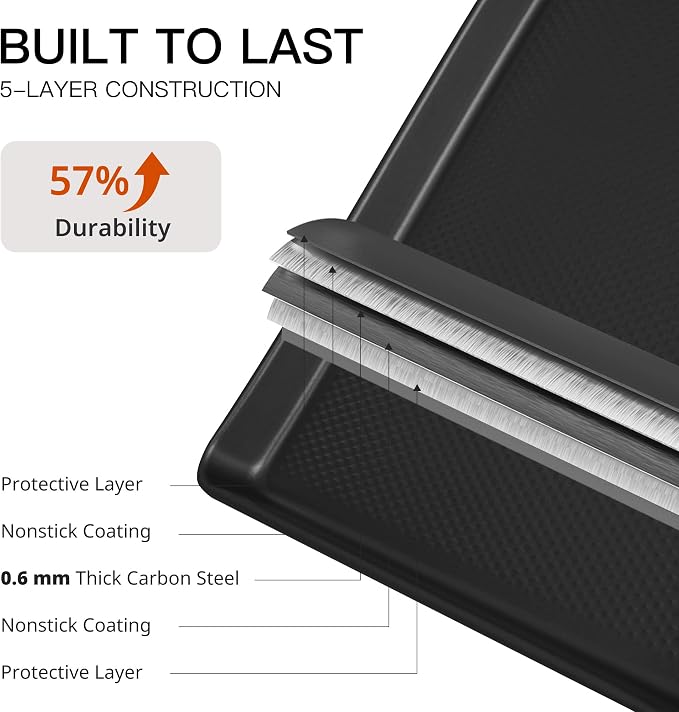 2 Pack Jelly Roll Pan Set 15x10, Cookie Sheets for Baking with Diamond Texture, Baking Sheets Non Stick, Non Toxic Oven Trays for Cooking, Heavy Duty 57% Thicker Carbon Steel, Dark Gray