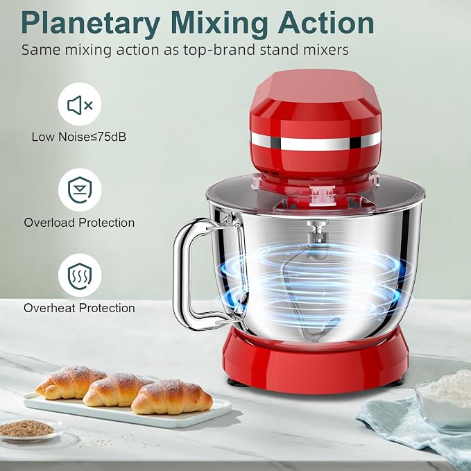 Household Stand Mixer with 6.5 Quart Bowl, 660W Household Food Mixer 10+p Speeds, Kitchen Tilt-Head Bread Dough and Cake Mixers with Dough Hook, Whisk, Beater, Splash Guard and Egg Separator (Red)