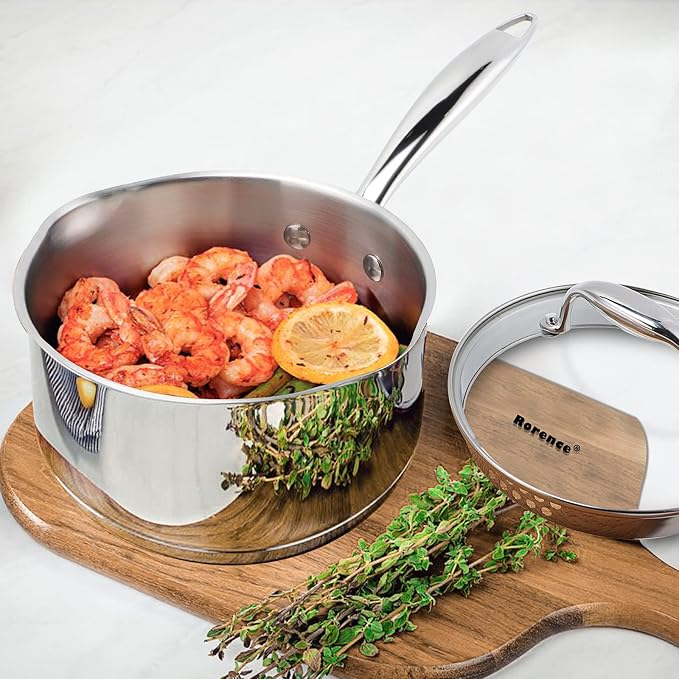 Rorence 2.5 Quart Stainless Steel Sauce pan with Lid | Cooking Pot with Pour Spouts, Capsule Bottom & Tempered Glass Lid