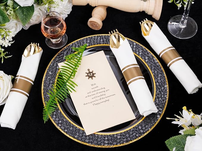 400PCS Gold Wrapped Silverware Set Disposable Hammered for Weddings | Pre-Rolled and Individually Wrapped, 100 Guests, Durable and Sturdy, BPA free, Includes Matching Napkins, for Upscale Dinners