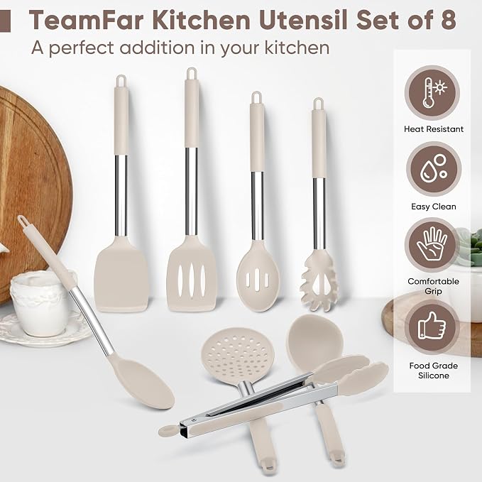 TeamFar Kitchen Utensils Set of 8, Silicone Utensils Kitchen Tools Set | with Stainless Steel Handle, for Frying Serving Flipping Draining, Non-toxic & Heatproof, Nonstick & Dishwasher Safe - Khaki
