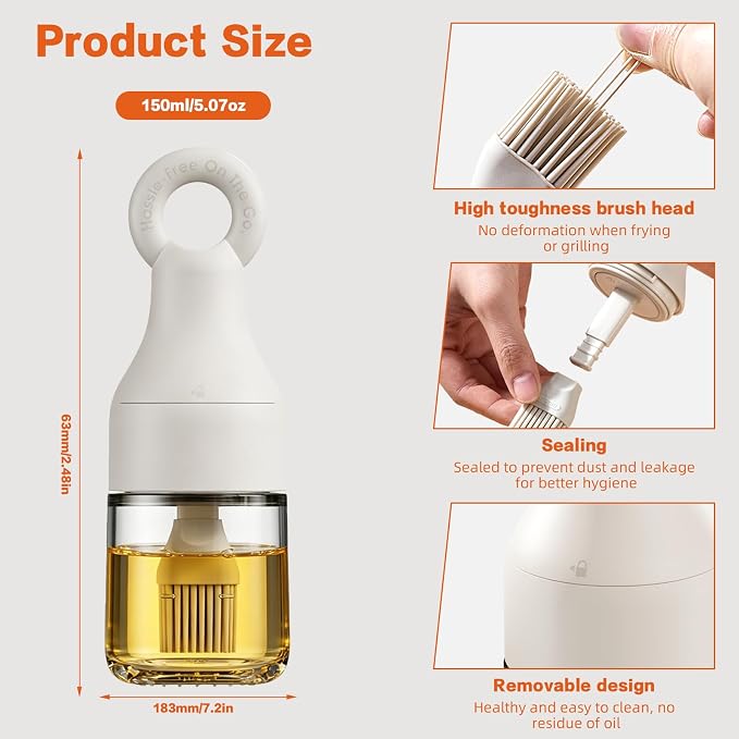 MMJ 2-in-1 Oil Dispenser with Brush, 150ml Glass Olive Oil Bottle with Silicone Basting Brush, Leak-Resistant Sauce Brush Bottle for BBQ, Baking, Grilling, Camping, White