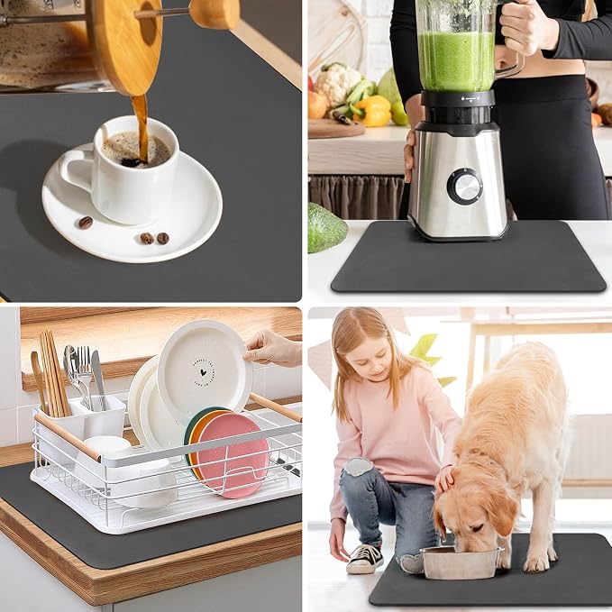 DK177 Coffee Mat - Dish Drying Mat for Kitchen Counter, Hide Stain, Absorbent with Waterproof Rubber Backing, Fit Kitchen Dish Rack Bar Accessories (Dark Gray, 31.5" x 17")