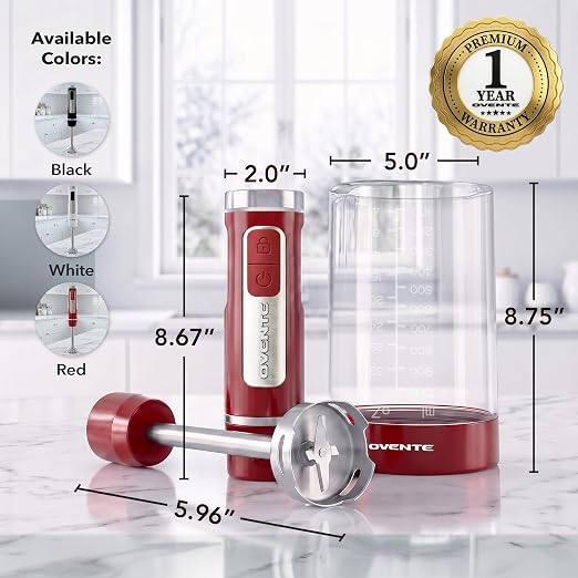 OVENTE Cordless Hand Blender, Rechargeable with 8 Mixing Speed Red HR781R | 200 Watts Handheld Portable Stick Mixer, One-Touch Control and Stainless Steel Blades for Smoothies, Shakes or Soups