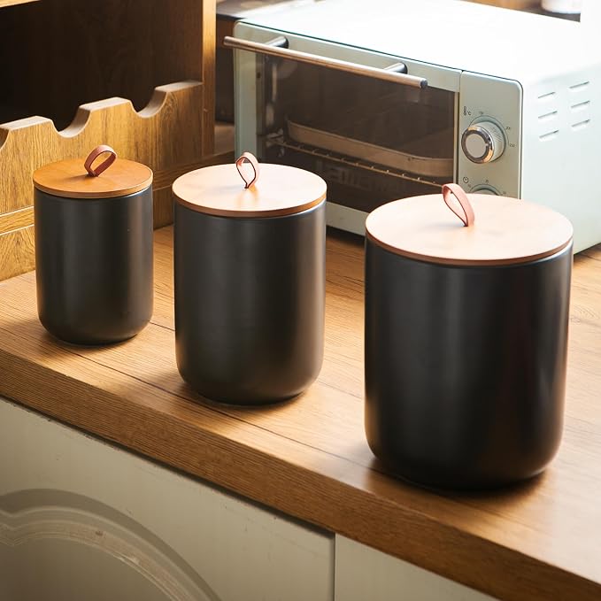 Mowtanco Black Ceramic Canister & Jar Set, Airtight Bamboo Lids 3-Piece | 30/48/82 oz airtight storage containers jars for flour, sugar, tea, coffee, pasta, nuts, kitchen counter canister set