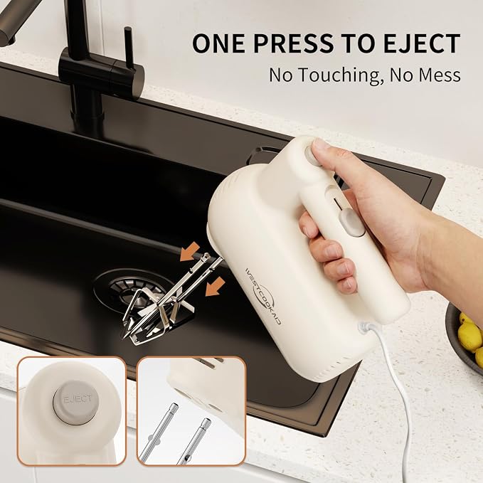 Hand Mixer Electric 5-Speed Upgraded Motor Turbo White | Electric Handheld Hand Mixer with Stainless Steel Beaters&Dough Hooks,Turbo Ultra Power Plus Eject Button for Cakes and Eggs