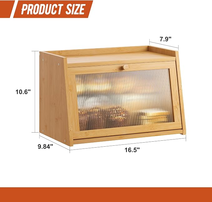 GHWIE Large Bread Box, Easy Access & Cleaning - Bamboo Bread Box for Kitchen Countertop with Acrylic Door (Natural, Medium)