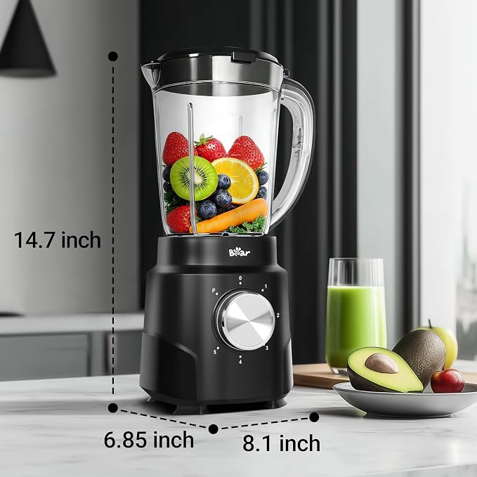 Bear 800W 6-Speed Blender, BPA-Free Smoothie Blender for Kitchen | 50oz(1.5L), Suction Feet, Feeding Hole, 10 blades, Countertop Blender for Smoothies, Crush Ice, Frozen Fruit, Juice and Puree